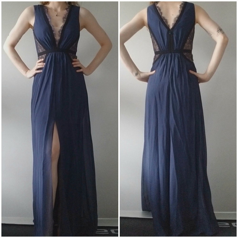 BCBGMaxAzria Klarissa Lace Gown in Navy/Cream